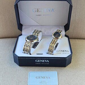 Geneva Wristwatch Set of 2 Man and Woman Gold/Silver Tone Analog Watch New Box